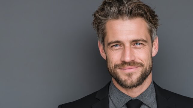 Portrait of a corporate lawyer, confident and composed, in a black suit standing in front of a clean grey background, exuding professionalism