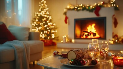 Fototapeta premium Christmas living room with yule log and fireplace