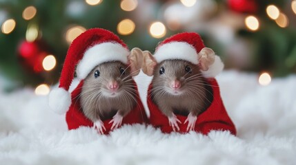Festive Rodents Wearing Santa Hats On Fluffy White Surface, Christmas Lights Bokeh Background.