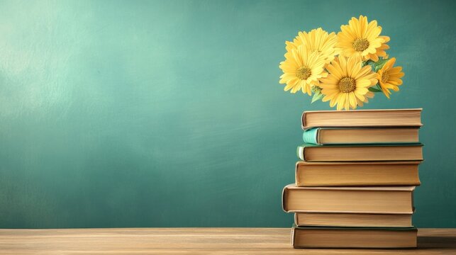 Yellow flowers on stack of books against teal background