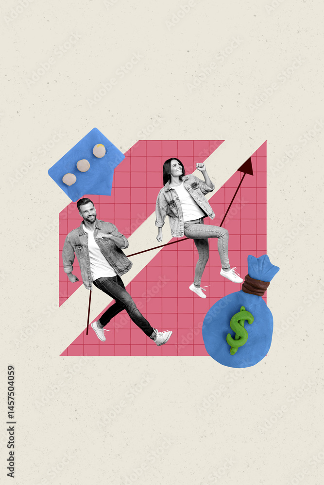 Poster vertical image art collage of happy girl guy business worker run arrow development text box notifica
