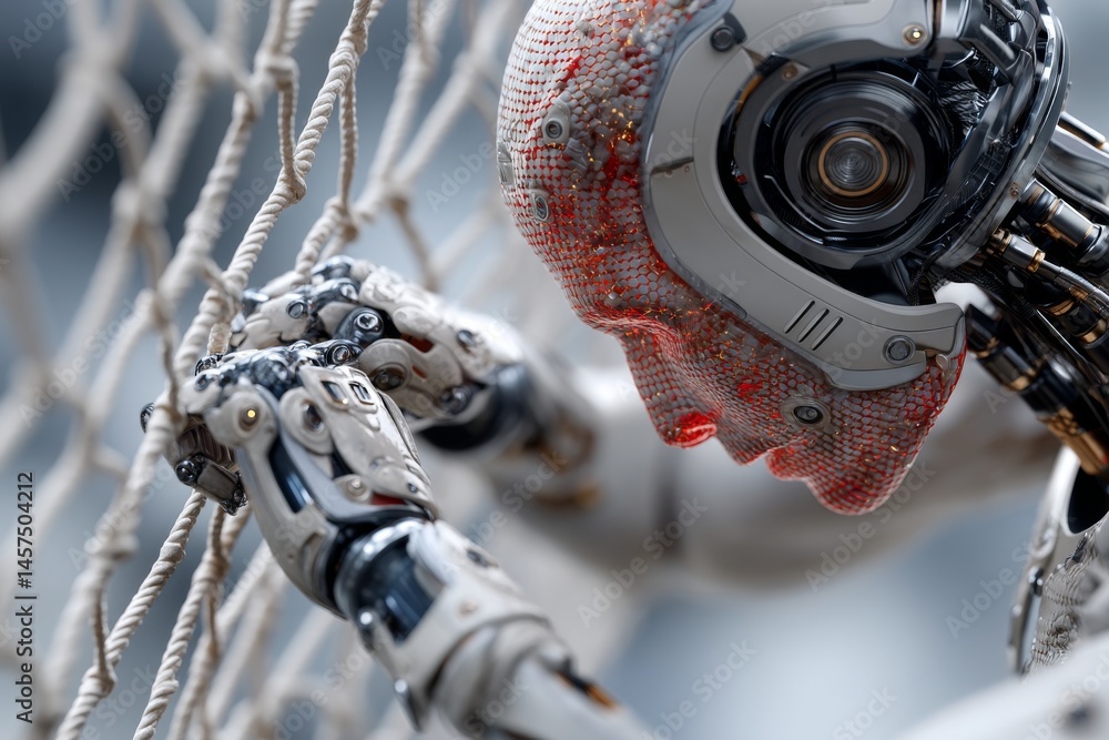 Poster detailed robot head and hands holding a rope net, depicting futuristic technology and advanced mecha