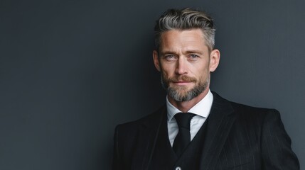 Successful and confident lawyer in a black suit, standing in front of a grey backdrop with a subtle expression of authority and leadership