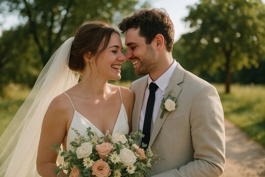 Joyful couple on wedding day