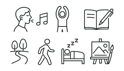 Line style icons of stress relief techniques: deep breath icon, calming music note, stretch arms icon, journaling pen, nature walk trail, slow movement, sleep reset, art expression board.