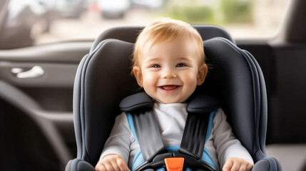 Happy baby safely secured in rear facing car seat for travel safety