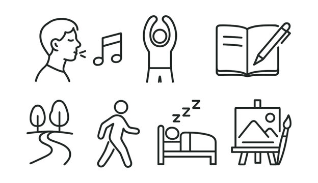 Line style icons of stress relief techniques: deep breath icon, calming music note, stretch arms icon, journaling pen, nature walk trail, slow movement, sleep reset, art expression board.