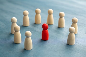 Obraz premium Standing Out: A unique individual, distinguished by vibrant red hue, confidently positioned amidst a group of beige figures, symbolizing individuality and leadership. 