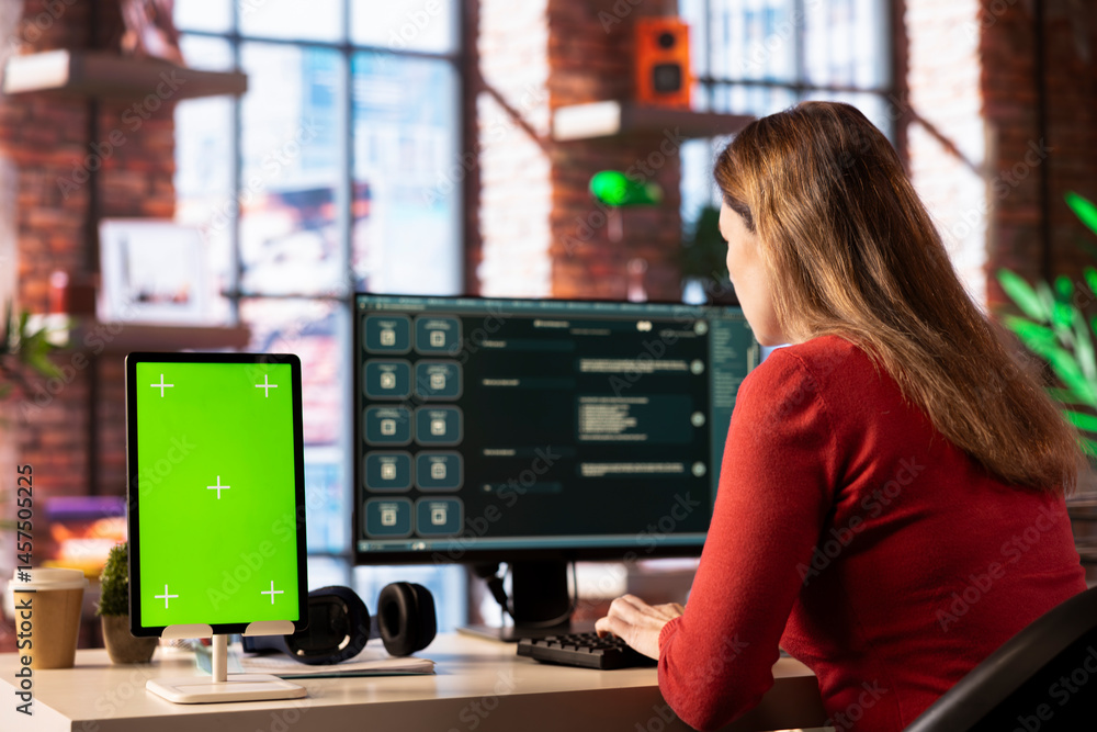 Poster person utilizes a digital ai tool on web interface next to green screen, doing remote work. artifici