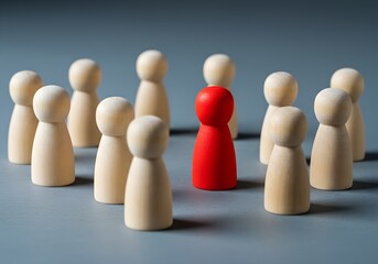 The Red Leader: A single, prominent red pawn stands out amidst a circle of beige pawns, symbolizing leadership, individuality, and standing out from the crowd.