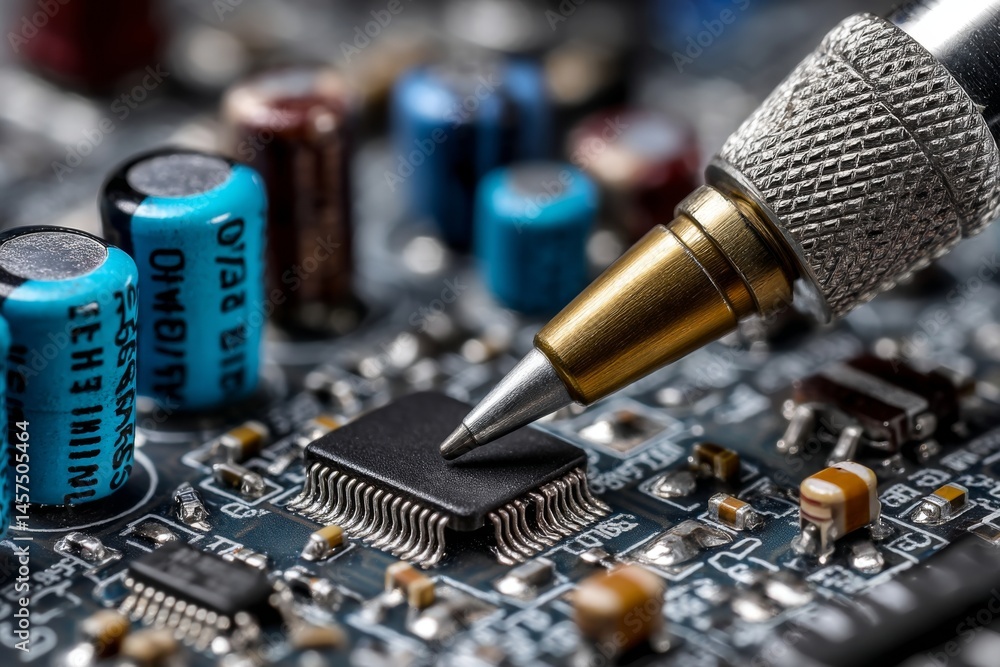 Poster close-up of a chip on a circuit board being inspected with a probe, showcasing technology and precis