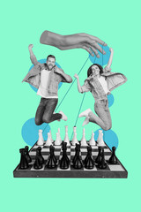 Vertical image art collage of happy girl guy stand chess board game black white figurines hand...
