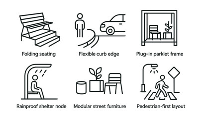 Line style icons of adaptive urban design: folding seating area, flexible curb edge, plug-in parklet frame, dynamic lane reassign icon, rainproof shelter node, modular street furniture, night route