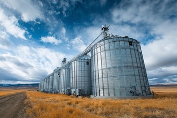 Tall Silver Grain Bins Stand Against a Dramatic Blue Sky with White Clouds Above Golden Grass