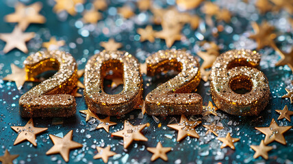 Golden glitter 2026 numbers on festive background with stars and sparkles. New Year celebration, luxury holiday decoration.