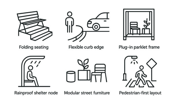 Line style icons of adaptive urban design: folding seating area, flexible curb edge, plug-in parklet frame, dynamic lane reassign icon, rainproof shelter node, modular street furniture, night route