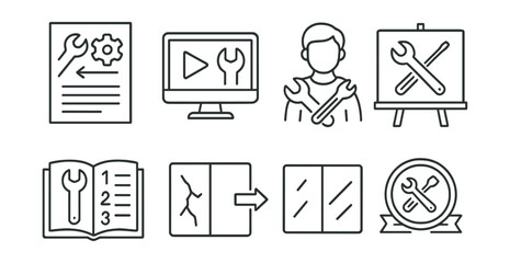 Line style icons of repair education and awareness: fix-it guide poster, repair tutorial icon, step-by-step manual, how-to repair video, student with tools, skill class chalkboard, before/after image