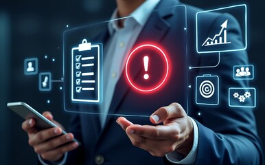 Data security alert: A professional individual, in a focused pose, monitors digital alerts about digital security and data control.