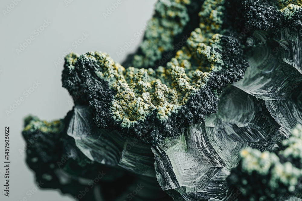 Poster close-up of a mesmerizing green and black mineral, showcasing intricate textures and patterns.