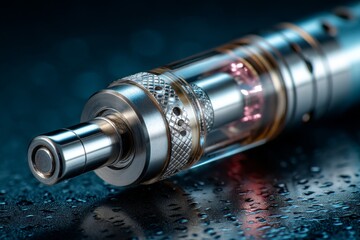 Close-up studio view of metallic vaporizer with clear chamber and textured grip on a dark, wet surface for product promotions