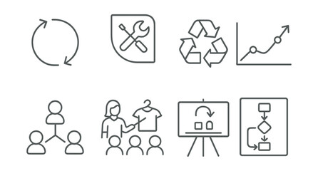 Line style icons of circular thinking education: life cycle arrows, repair corner badge, reduce-reuse-recycle chart, product journey map, waste to value graph, shared item icon, classroom swap day,