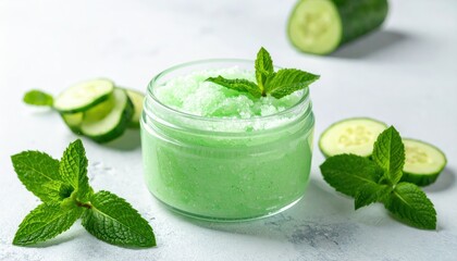 A vibrant green, mint-infused body scrub sits in a glass jar, garnished with fresh mint leaves and surrounded by sliced cucumbers on a textured surface.