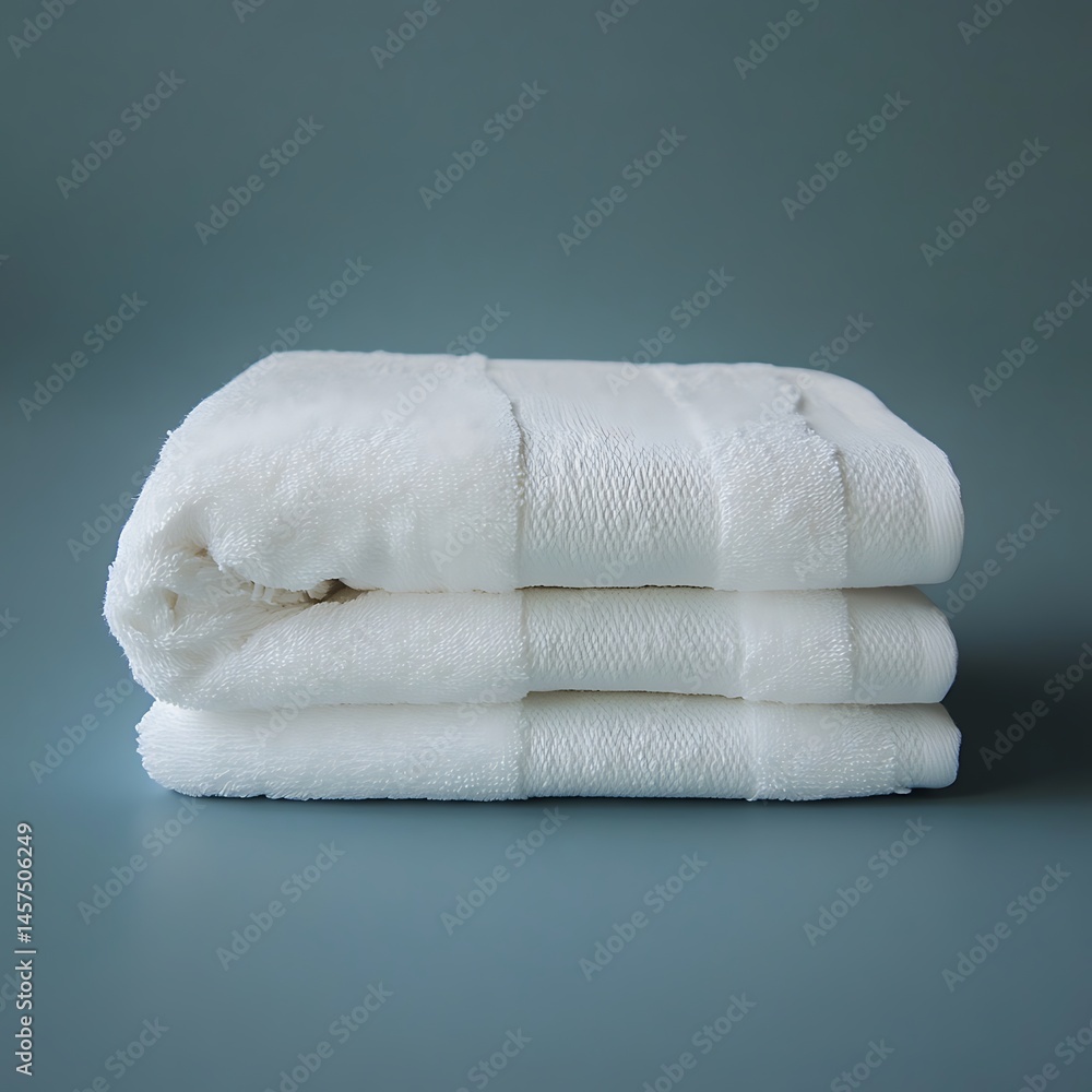 Poster stacked white towels neatly arranged on a soft surface, creating a serene and calming atmosphere