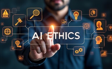 The Future of AI: A man confidently touches a digital screen, highlighting the word "AI Ethics" amidst an array of technology icons.