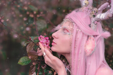 Deer dryad girl against the background of a blooming pink apple tree
