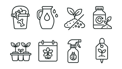 Line style icons of sustainable gardening habits: compost bucket, rainwater jug, peat-free soil icon, zero waste fertilizer, reused seedling pots, seasonal planting calendar, organic pest control