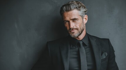 Fototapeta premium Corporate lawyer in a black suit, standing with poise and confidence in front of a grey background, representing success in their profession