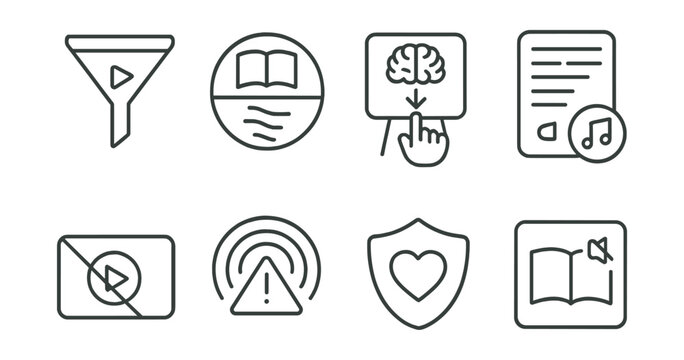 Line style icons of conscious media habits: content filter icon, story vs noise badge, learning over scrolling board, playlist with purpose, no autoplay card, attention economy alert, ethical content