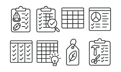 Line style icons of resource planning boards: classroom inventory list, supply check before order, monthly refill plan, resource budget pie, class-by-class usage board, smart restock strategy, eco