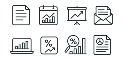 Line style icons of client reporting: report file, monthly chart, presentation graph, email summary, data slide, ROI recap, results icon, dashboard print.