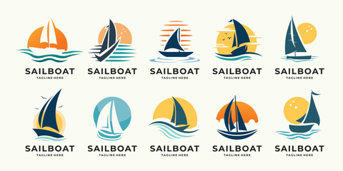 set of sailing boat and sun element logo design vector with silhouette style.