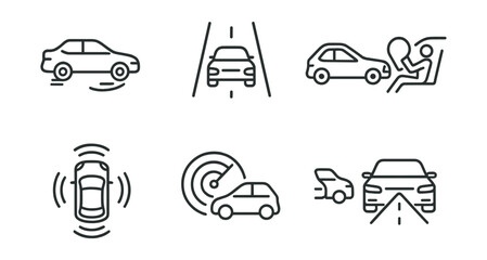 Line style icons of transport safety tech: brake assist, lane detection, collision alert, airbag deploy, 360 camera, radar icon, blind spot sensor, night vision.