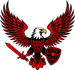 Obraz premium Stylized American Eagle Logo with Outstretched Wings, Sword and Shield – Patriotic Heraldic Emblem with Transparent Background – Bold Symbol of Strength, Defense, and Freedom in Minimal Vector Design