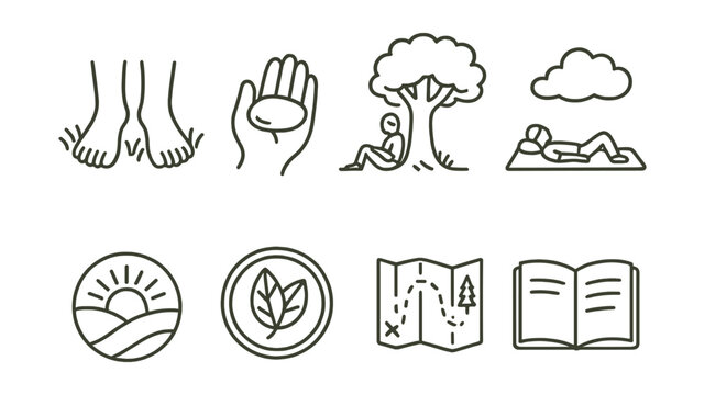 Line style icons of time in nature: bare feet on grass icon, river rock touch, sit under tree sketch, cloud-watching mat, sunrise routine, collect moments badge, no-rush trail map, field note journal