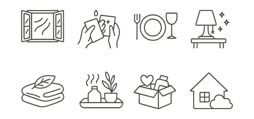 Line style icons of slow home rituals: open window air flow, clean with care card, set table slowly icon, cozy light evening, fresh linen badge, space to breathe tray, declutter with joy symbol, home
