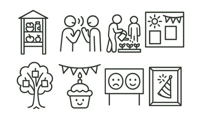 Line style icons of rituals and routines of care: daily food share box, morning hello point, shared garden watering, local holiday wall, message tree, street birthday icon, grief and joy wall, quiet