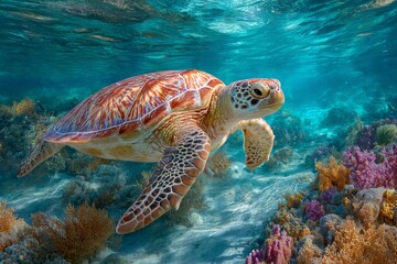 Fototapeta premium Sea Turtle Glides Over Coral Reef in Clear Ocean Water, Peaceful Marine Environment
