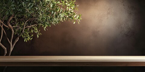 Elegant display with a wooden surface and a natural, leafy branch against a textured brown backdrop.