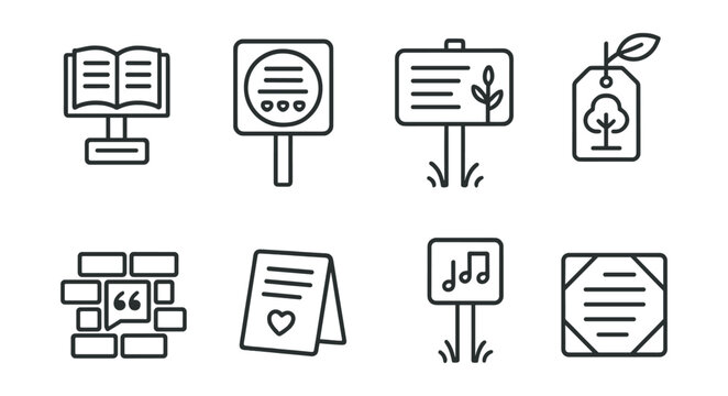 Line style icons of poetic city markers: tiny story plaque, memory lane badge, urban haiku sign, name that tree label, quote in the bricks, “this mattered here” card, joyful moment post,