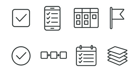 Line style icons of task management: checklist box, to-do app, kanban board, priority flag, completed task, task flow, weekly goals, backlog icon.