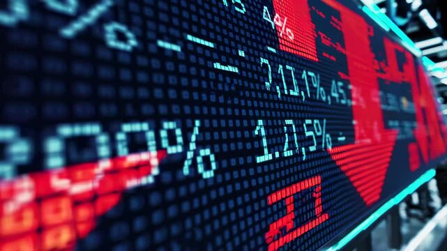 A global economic crisis is reflected on a red  market price board chart, indicating a downturn in the world  market, with traders panicking and selling their shares due to a bad economy