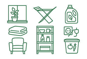 Line style icons of green dorm living: plant on windowsill, drying rack icon, eco detergent bottle, thrifted bedding set, shared kitchen shelf, unplug switch symbol, secondhand furniture, compost