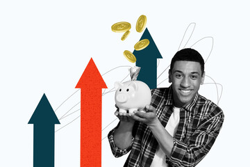 Poster sketch image artwork 3D photo collage of arrow up young man smile success hand hold pig save...