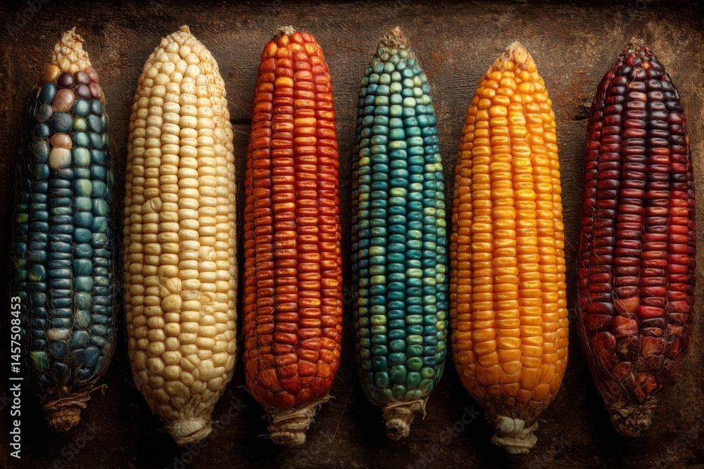 Poster colorful flint corn cobs displayed on a rustic surface, showcasing unique kernels and rich harvest t