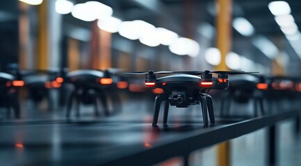 Fleet of drones: A line of unmanned aerial vehicles equipped with lights and camera are lined up.