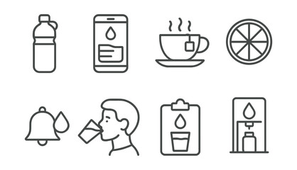Line style icons of hydration habits: water bottle, hydration tracker, herbal tea, lemon slice, drink reminder, thirst icon, water goal, refill station.